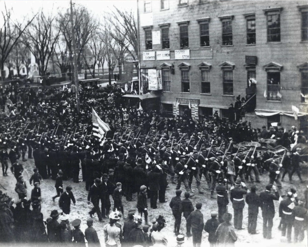 WWI and WWII Soldiers at Civil War Monument, undated. (NHS Collections)